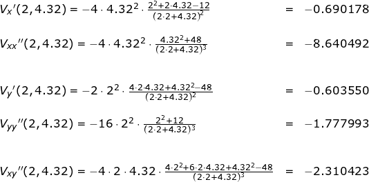 \small \begin{array}{lllllll} V_x{}'(2,4.32)=-4\cdot 4.32^2\cdot \frac{2^2+2\cdot 4.32-12}{\left ( 2\cdot 2+4.32 \right )^2}&=&-0.690178\\\\ V_{xx}{}''(2,4.32)=-4\cdot 4.32^2\cdot \frac{4.32^2+48}{(2\cdot 2+4.32)^3}&=&-8.640492\\\\\\ V_y{}'(2,4.32)=-2\cdot 2^2\cdot \frac{4\cdot 2\cdot 4.32+4.32^2-48}{(2\cdot 2+4.32)^2}&=&-0.603550\\\\ V_{yy}{}''(2,4.32)=-16\cdot 2^2\cdot \frac{2^2+12}{(2\cdot 2+4.32)^3}&=&-1.777993\\\\\\ V_{xy}{}''(2,4.32)=-4\cdot 2\cdot 4.32\cdot \frac{4\cdot 2^2+6\cdot 2\cdot 4.32+4.32^2-48}{(2\cdot 2+4.32)^3}&=&-2.310423 \end{array}