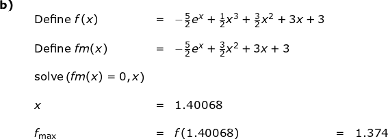\small \begin{array}{llllllll} \textbf{b)}\\&& \textup{Define }f(x)&=&-\frac{5}{2}e^x+\frac{1}{2}x^3+\frac{3}{2}x^2+3x+3\\\\&& \textup{Define }fm(x)&=&-\frac{5}{2}e^x+\frac{3}{2}x^2+3x+3\\\\&& \textup{solve}\left ( fm(x)=0,x \right )\\\\&&x&=&1.40068\\\\&& f_{\textup{max}}&=&f(1.40068)&=&1.374 \end{}