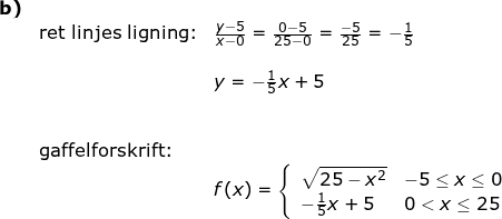 \small \begin{array}{llllllll} \textbf{b)}\\&\textup{ret linjes ligning:}& \frac{y-5}{x-0}=\frac{0-5}{25-0}=\frac{-5}{25}=-\frac{1}{5}\\\\&& y=-\frac{1}{5}x+5\\\\\\&\textup{gaffelforskrift:}\\&&f(x)=\left\{\begin{array}{ll} \sqrt{25-x^2}& -5\leq x\leq 0\\ -\frac{1}{5}x+5& 0< x\leq 25 \end{array}\right. \end{array}