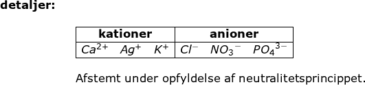 \small \begin{array}{llllllll} \textbf{detaljer:}\\\\&& \begin{array}{|c|c|}\hline \textbf{kationer}&\textbf{anioner}\\\hline Ca^{2+}\quad Ag^+\quad K^+&Cl^-\quad N{O_3}^-\quad P{O_4}^{3-}\\\hline \end{array}\\\\&&\textup{Afstemt under opfyldelse af neutralitetsprincippet.} \end{array}
