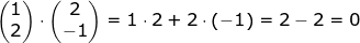 \small \begin{pmatrix} 1\\2 \end{pmatrix}\cdot \begin{pmatrix} 2\\-1 \end{pmatrix}=1\cdot 2+2\cdot \left ( -1 \right )=2-2=0