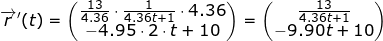 \small \overrightarrow{r}{}'(t)=\begin{pmatrix} \frac{13}{4.36}\cdot \frac{1}{4.36t+1}\cdot 4.36\\ -4.95\cdot 2\cdot t+10 \end{pmatrix}=\begin{pmatrix} \frac{13}{4.36t+1}\\ -9.90t+10 \end{pmatrix}