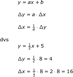 \small \small \begin{array}{lllll}&& y=ax+b\\\\&& \Delta y=a\cdot \Delta x\\\\&& \Delta x=\frac{1}{a}\cdot \Delta y\\\\ \textup{dvs}\\&& y=\frac{1}{2}x+5\\\\&& \Delta y=\frac{1}{2}\cdot 8=4\\\\&& \Delta x=\frac{1}{\frac{1}{2}}\cdot 8=2\cdot 8=16 \end{array}