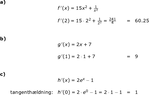 \small \small \begin{array}{llllll} \textbf{a)}\\&& f{\, }'(x)=15x^2+\frac{1}{x^2}\\\\&& f{\, }'(2)=15\cdot 2^2+\frac{1}{2^2}=\frac{241}{4}&=&60.25\\\\\\ \textbf{b)}\\&& g{\, }'(x)=2x+7\\\\&& g{\, }'(1)=2\cdot 1+7&=&9\\\\\\ \textbf{c)}\\&& h{\, }'(x)=2e^x-1\\\\&\textup{tangenth\ae ldning:}& h{\, }'(0)=2\cdot e^0-1=2\cdot 1-1&=&1 \end{array}