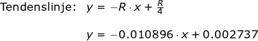 \small \small \begin{array}{llllll} \textup{Tendenslinje:}&y=-R\cdot x+\frac{R}{4}\\\\& y=-0.010896\cdot x+0.002737 \end{array}