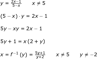 \small \small \begin{array}{lllllll} y=\frac{2x-1}{5-x}\qquad x\ne5\\\\ \left (5-x \right )\cdot y=2x-1\\\\ 5y-xy=2x-1\\\\ 5y+1=x\left (2+y \right )\\\\ x=f^{-1}\left ( y \right )=\frac{5y+1}{y+2}\qquad x\ne5\qquad y\neq-2 \end{array}