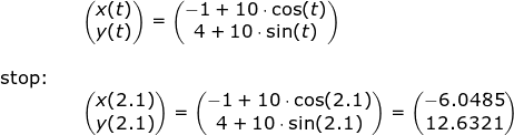 \small \small \begin{array}{lllllll}&& \begin{pmatrix} x(t)\\y(t) \end{pmatrix}=\begin{pmatrix} -1+10\cdot \cos(t)\\ 4+10\cdot \sin(t) \end{pmatrix}\\\\ \textup{stop:}\\&&\begin{pmatrix} x(2.1)\\y(2.1) \end{pmatrix}=\begin{pmatrix} -1+10\cdot \cos(2.1)\\ 4+10\cdot \sin(2.1) \end{pmatrix}=\begin{pmatrix} -6.0485\\12.6321 \end{pmatrix} \end{array}