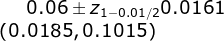 0.06\pm z_{1-0.01 /2}0.0161\\ \left (0.0185, 0.1015\right )
