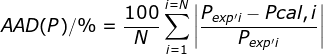 AAD(P)/%=\frac{100}{N}\sum_{i=1}^{i=N}\left | \frac{P_{exp'i}-Pcal,i}{P_{exp'i}} \right |