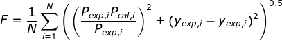 F=\frac{1}{N}\sum_{i=1}^{N}\left ( \left ( \frac{P_{exp,i}P_{_{cal,i}}}{P_{exp,i}} \right )^{2}+\left ( y_{exp,i}-y_{exp,i} \right )^{2} \right )^{0.5}