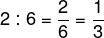 Abbildung der Rechnung: „2 geteilt durch 6 = 2 Sechstel = 1 Drittel.“