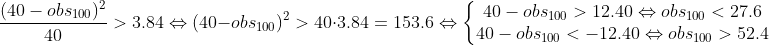 \frac{(40-obs_{100})^2}{40}>3.84\Leftrightarrow (40-obs_{100})^2>40\cdot 3.84 =153.6\Leftrightarrow \left\{\begin{matrix} 40-obs_{100}>12.40\Leftrightarrow obs_{100}< 27.6\\ 40-obs_{100}<-12.40\Leftrightarrow obs_{100}>52.4 \end{matrix}\right.