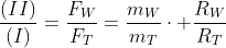 frac{(II)}{(I)}=frac{F_W}{F_T}=frac{m_W}{m_T}cdot frac{R_W}{R_T}