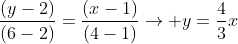 frac{(y-2)}{(6-2)}=frac{(x-1)}{(4-1)}rightarrow y=frac{4}{3}x+frac{2}{3}