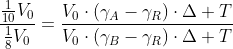 frac{frac{1}{10}V_0}{frac{1}{8}V_0}=frac{V_0cdot(gamma_A-gamma_R)cdotDelta T}{V_0cdot(gamma_B-gamma_R)cdotDelta T}