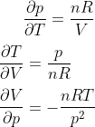 \frac{\partial p}{\partial T}=\frac{nR}{V}\\ \\ \frac{\partial T}{\partial V}=\frac{p}{nR}\\ \\ \frac{\partial V}{\partial p}=-\frac{nRT}{p^2}\\