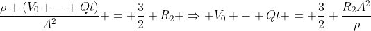 frac{ho (V_{0} - Qt)}{A^{2}} = frac{3}{2} R_{2} Rightarrow V_{0} - Qt = frac{3}{2} frac{R_{2}A^{2}}{ho}