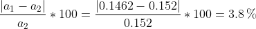 rac{|a_1-a_2|}{a_2}*100=rac{|0.1462-0.152|}{0.152}*100=3.8,%
