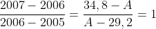 frac{2007-2006}{2006-2005}=frac{34,8-A}{A-29,2}=1