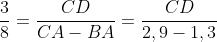 frac{3}{8}=frac{CD}{CA-BA}=frac{CD}{2,9-1,3}