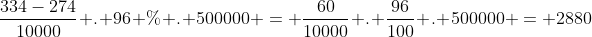 frac{334-274}{10000} . 96 \% . 500000 = frac{60}{10000} . frac{96}{100} . 500000 = 2880