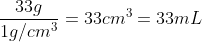frac{33g}{1g/cm^3}=33cm^3=33mL
