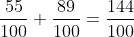 \frac{55}{100}+\frac{89}{100}=\frac{144}{100}