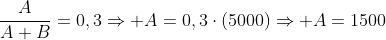 frac{A}{A+B}=0,3Rightarrow A=0,3cdot(5000)Rightarrow A=1500