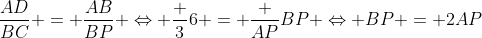 frac{AD}{BC} = frac{AB}{BP} Leftrightarrow frac {3}{6} = frac {AP}{BP} Leftrightarrow BP = 2AP