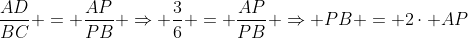 frac{AD}{BC} = frac{AP}{PB} Rightarrow frac{3}{6} = frac{AP}{PB} Rightarrow PB = 2cdot AP