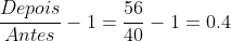 frac{Depois}{Antes}-1=frac{56}{40}-1=0.4