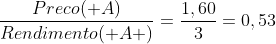 frac{Preco( A)}{Rendimento( A )}=frac{1,60}{3}=0,53