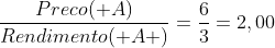 frac{Preco( A)}{Rendimento( A )}=frac{6}{3}=2,00