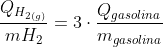 frac{Q_{H_{2(g)}}}{mH_{2}}=3cdotfrac{Q_{gasolina}}{m_{gasolina}}