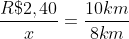 frac{R$2,40}{x}=frac{10km}{8km}