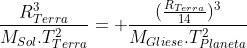 frac{R_{Terra}^3}{M_{Sol}.T_{Terra}^2}= frac{(frac{R_{Terra}}{14})^3}{M_{Gliese}.T_{Planeta}^2}
