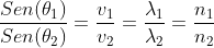 \frac{Sen (\theta _1)}{Sen (\theta _2)}=\frac{v_1}{v_2}=\frac{\lambda _1}{\lambda _2}=\frac{n_1}{n_2}