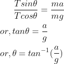 \frac{Tsin\theta}{Tcos\theta} = \frac{ma}{mg} \\\\or, tan \theta = \frac{a}{g} \\\\or, \theta = tan^{-1}(\frac{a}{g})