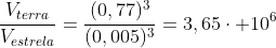 frac{V_{terra}}{V_{estrela}}=frac{(0,77)^{3}}{(0,005)^{3}}=3,65cdot 10^{6}