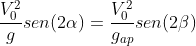 frac{V_0^2}{g}sen(2alpha)=frac{V_0^2}{g_{ap}}sen(2eta)