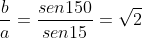 frac{b}{a}=frac{sen150}{sen15}=sqrt{2+sqrt{3}}