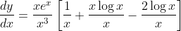 \frac{d y}{d x}=\frac{x e^{x}}{x^{3}}\left[\frac{1}{x}+\frac{x \log x}{x}-\frac{2 \log x}{x}\right]