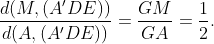\frac{d(M,(A'DE))}{d(A,(A'DE))}=\frac{GM}{GA}=\frac{1}{2}.