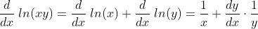 \frac{d}{dx}\;ln(xy)=\frac{d}{dx}\;ln(x)+\frac{d}{dx}\;ln(y)=\frac{1}{x}+\frac{dy}{dx}\cdot \frac{1}{y}