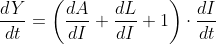 \frac{dY}{dt}=\frac{dA}{dI}\cdot\frac{dI}{dt}+\frac{dL}{dI}\cdot\frac{dI}{dt}+\frac{dI}{dI}\cdot\frac{dI}{dt}\Longleftrightarrow \frac{dY}{dt}=\left(\frac{dA}{dI}+\frac{dL}{dI}+1\right)\cdot\frac{dI}{dt}