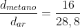 frac{d_{metano}}{d_{ar}}=frac{16}{28,8}