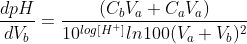 \frac{dpH}{dV_b}=\frac{(C_bV_a+C_aV_a)}{10^{log[H^+]}ln100(V_a+V_b)^2}