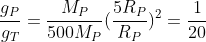 frac{g_P}{g_T}=frac{M_P}{500M_P}(frac{5R_P}{R_P})^2=frac{1}{20}