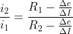 \frac{i_{2}}{i_{1}}=\frac{R_{1}-\frac{\Delta e}{\Delta I}}{R_{2}-\frac{\Delta e}{\Delta I}}