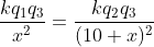 rac{kq_1q_3}{x^2}=rac{kq_2q_3}{(10+x)^2}
